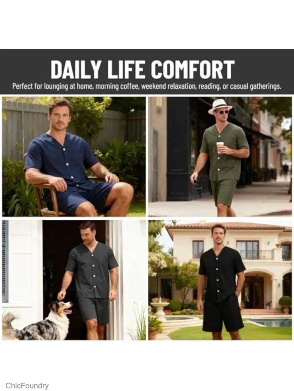 Men's 100% Cotton Pajama Set V-Neck Button Down Short Sleeve with Pocket Lounge